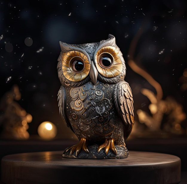 A small owl with gold and silver eyes sits on a round table.