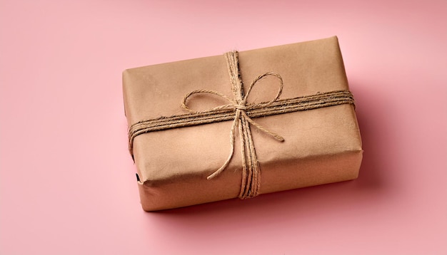 Small package or parcel in brown craft paper tied with jute rope Ecofriendly Pink backdrop