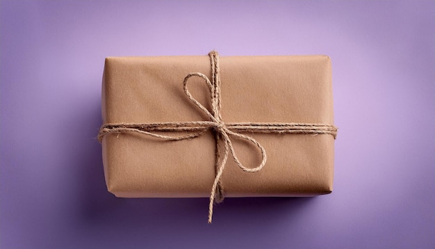 Small package or parcel in brown craft paper tied with jute rope Ecofriendly Purple backdrop