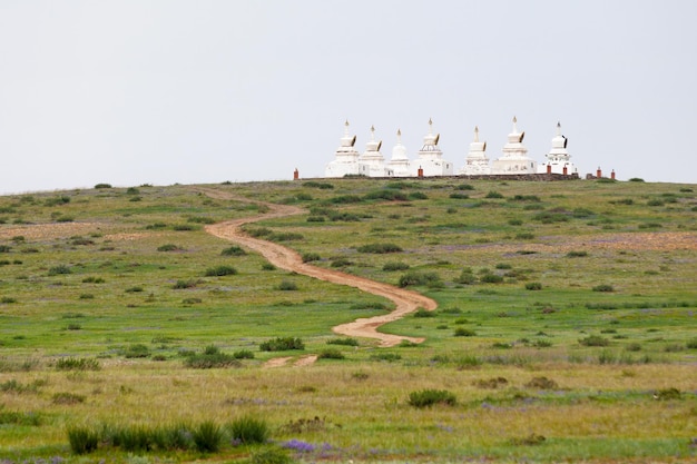 Small pagodas on a hilltop in the Gurvanbulag district in Mongolia