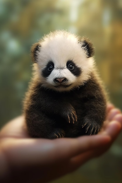 A small panda bear sitting on top of a persons hand generative ai image