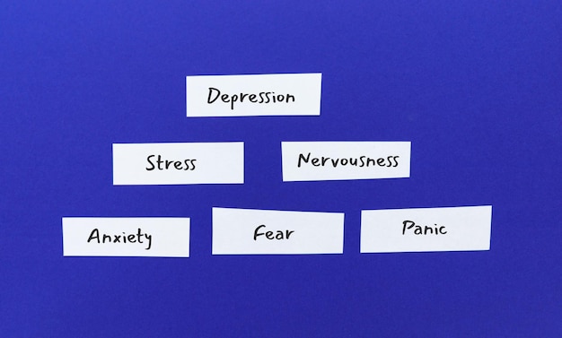 Small paper pieces with handwritten words depression, stress and nervousness, anxiety, fear and panic. Mental health, disorder. Flat lay, top view on sark blue background.