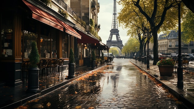 small paris street with view on the famous paris eiffel tower on a cloudy rainy day with some