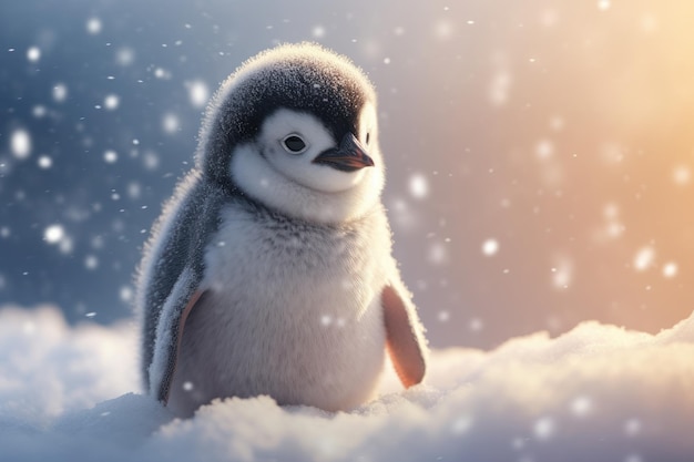 a small penguin is standing in the snow