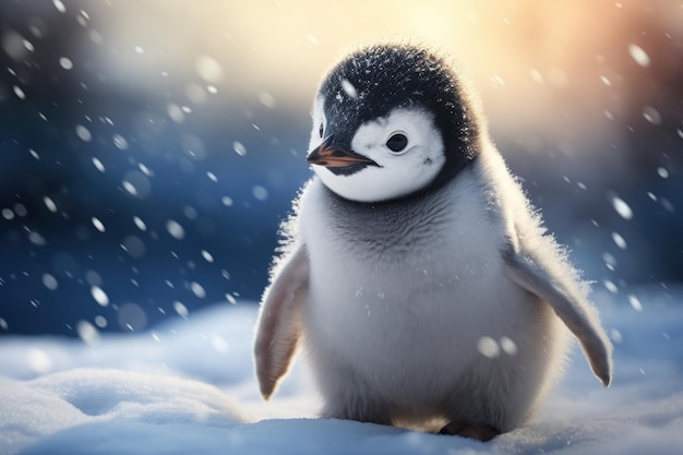 a small penguin is standing in the snow