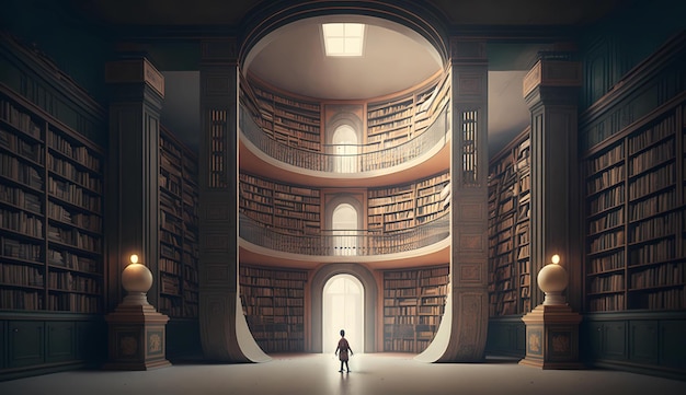 Small person walking in a giant library generative ai