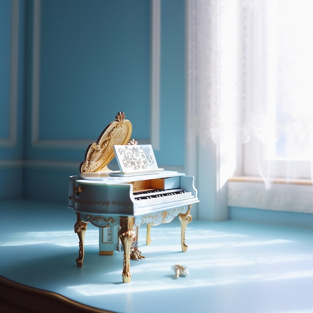 A small piano with a gold and white cover sits on a blue table.