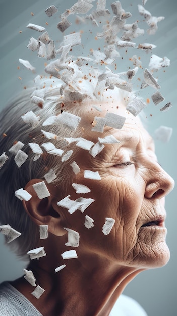 Small pieces dissolving head of senior greyhaired woman mental and cognitive disorders dementia