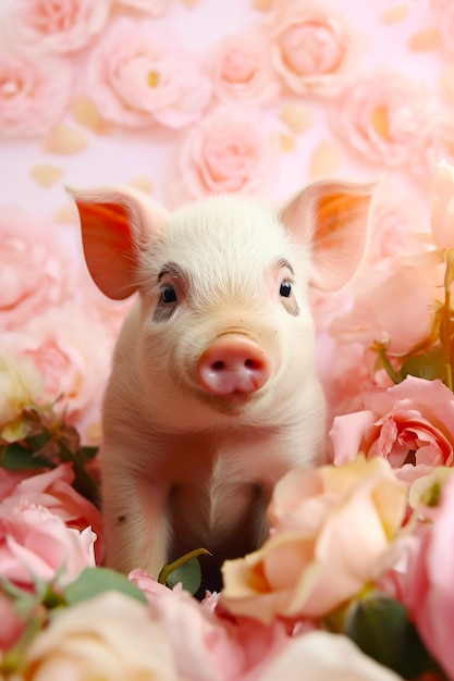 Small pig sitting in bed of pink flowers with surprised look on its face Generative AI