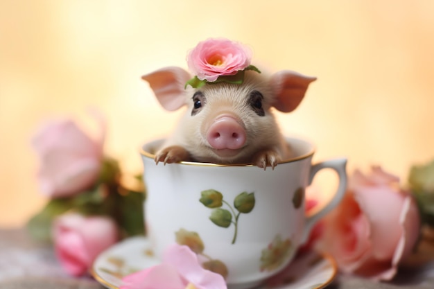 a small pig sitting in a teacup with roses