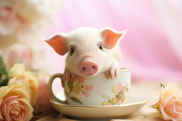 a small pig sitting in a teacup with roses