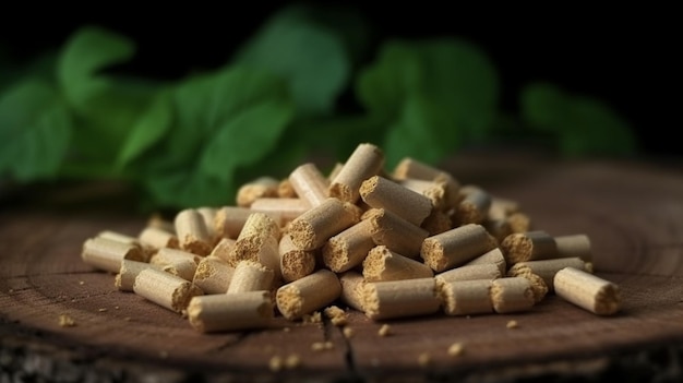 Small pile of wood pellets with on top of green leaves Ecosustainable biomass concept