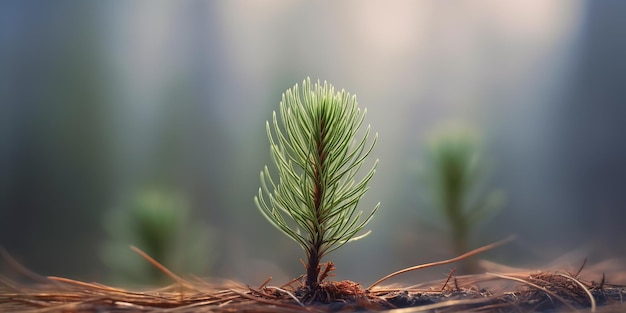 A small pine tree is growing in the ground.