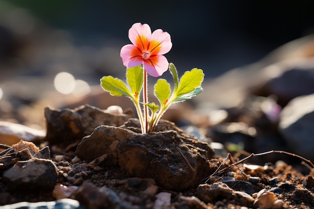 a small pink flower is growing out of the ground