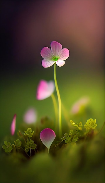 Small pink flower sitting on top of a lush green field generative ai