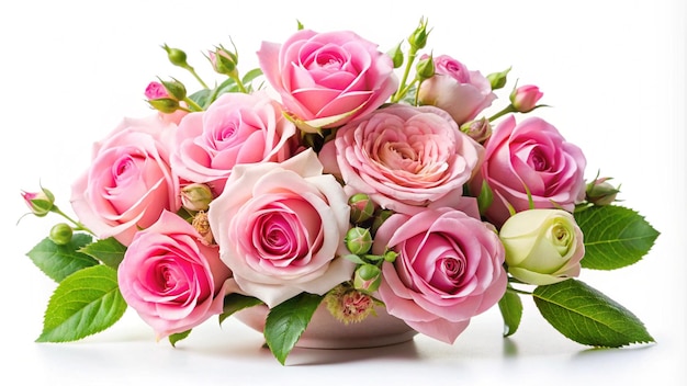 Photo small pink rose flowers ina floral arrangement isolated on white