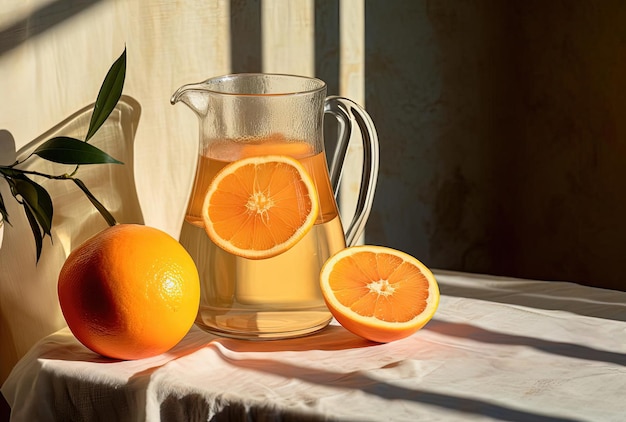 a small pitcher on a table with a slice of orange in the style of lens flares