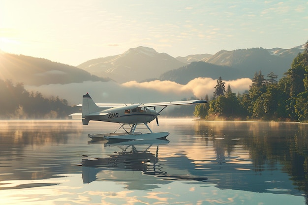 Photo a small plane is floating on a lake with mountains in the background