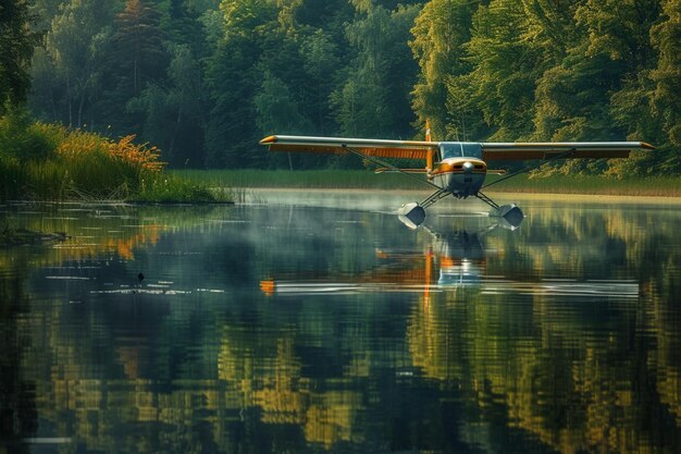 Photo a small plane is flying over a lake with trees in the background