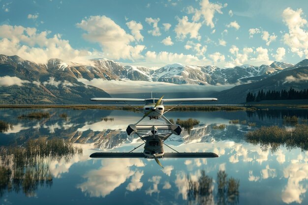 a small plane is flying over a mountain lake