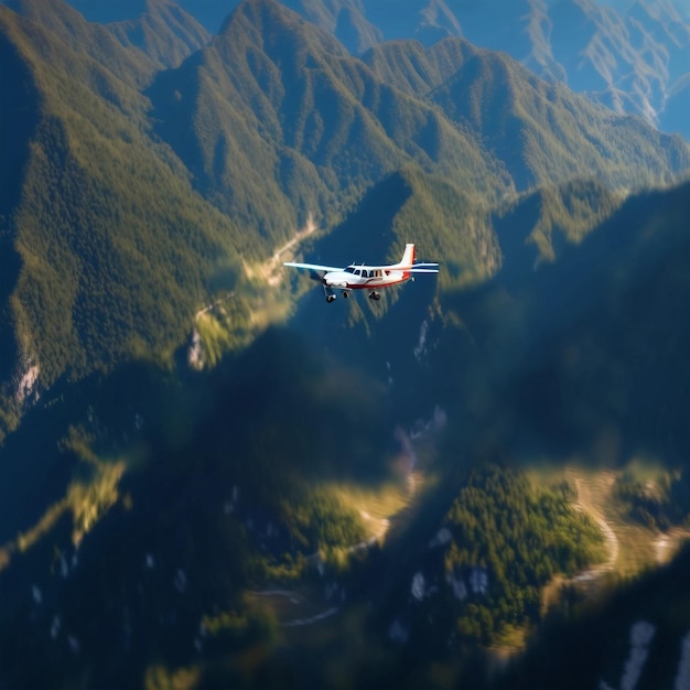 a small plane is flying over a mountain valley