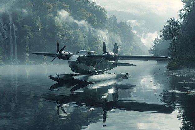 a small plane is on the water and is reflected in the water