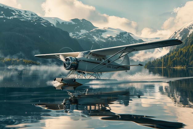 a small plane is on the water with mountains in the background