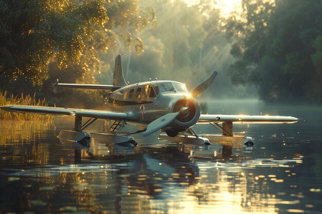 a small plane is on the water with the sun shining on the side