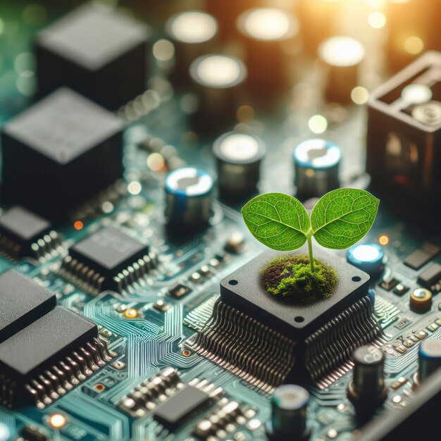 Small plant on circuit board technology and sustainability concept ai generative