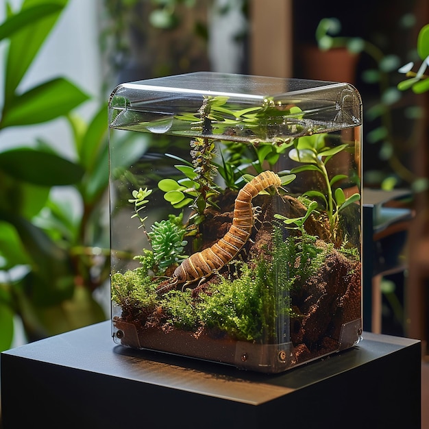 a small plant in a container with a snake in it