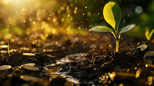 a small plant in the dirt with the sun shining through the water