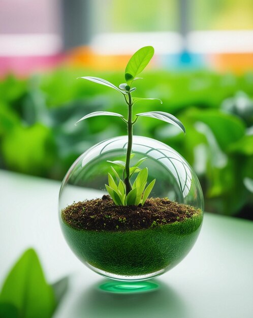 a small plant in a glass ball with a green plant in it