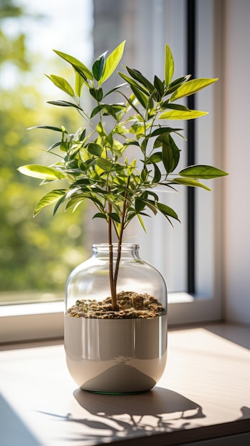 Photo a small plant in a glass bottle on a windowsill