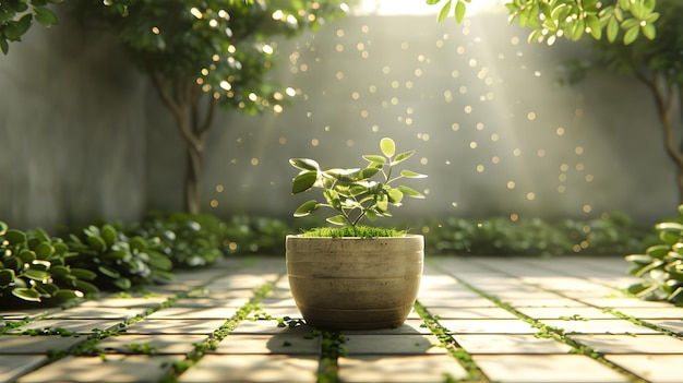 a small plant growing in a clay pot with sunlight streaming in from the top