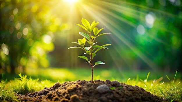 a small plant growing in the grass with the sun behind it