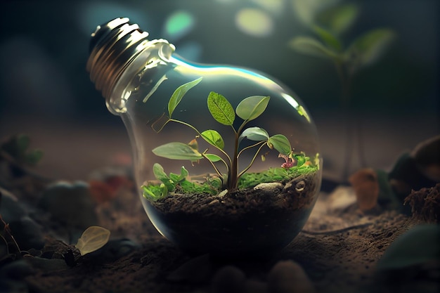 Small plant growing inside a lightbulb Light Bulb with sprout insidegemerative ai