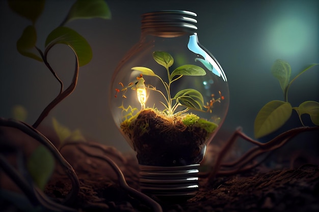 Small plant growing inside a lightbulb Light Bulb with sprout insidegemerative ai