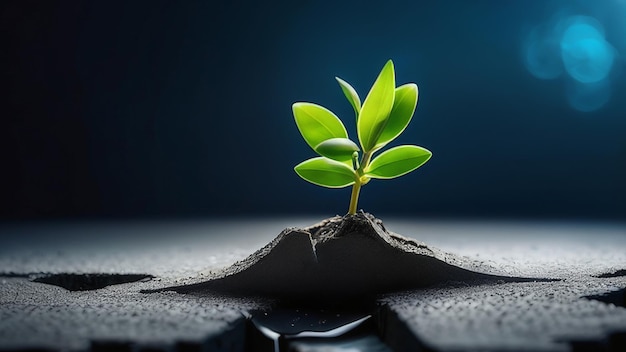 a small plant growing out of a hole in a black background