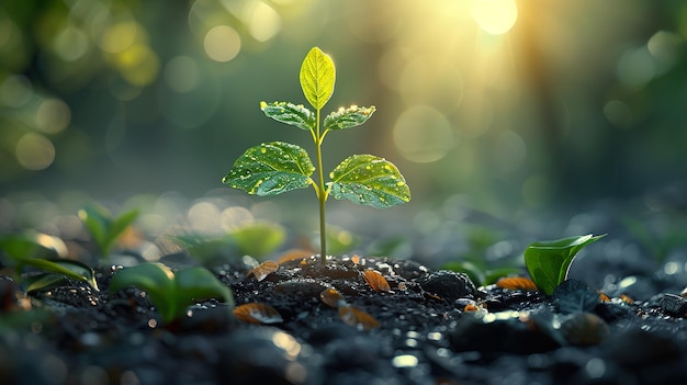 a small plant growing in a pot with the sun behind it