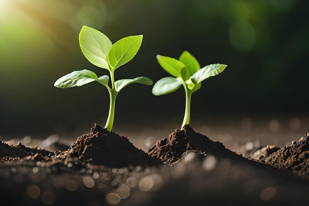 A small plant growing in soil with the sun behind it