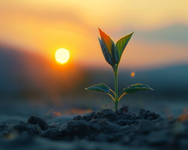 Photo a small plant is growing in the dirt at sunset