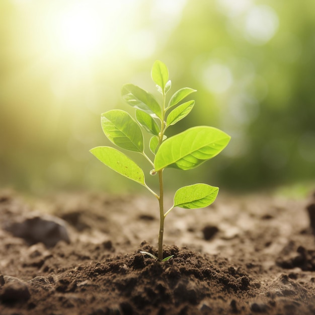 A small plant is growing in the dirt with the sun shining on it.