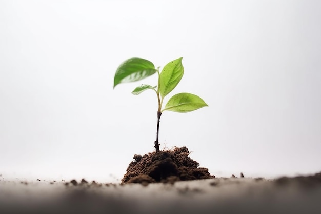 A small plant is growing in a pile of dirt.