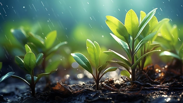 A small plant is growing in a puddle of water on a city street