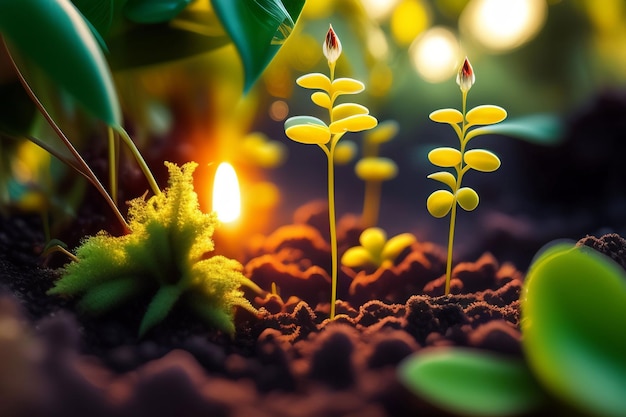 A small plant is growing in the soil with a lit candle in the background.