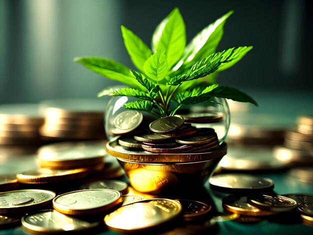 A small plant is in a small glass jar with coins on top of it.