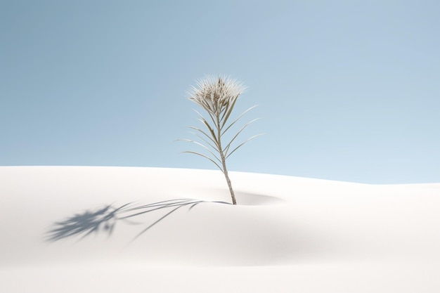 A small plant in the middle of a desert with the sky behind it.