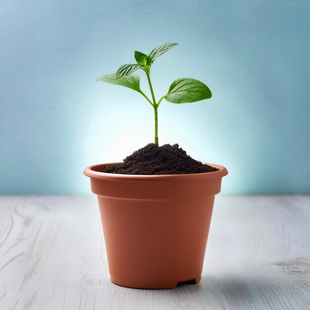 Small plant in pot isolated on white background by front view