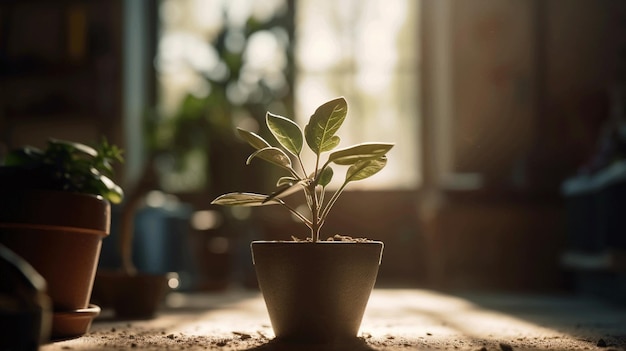 A small plant in a pot sits on a table in front of a window.