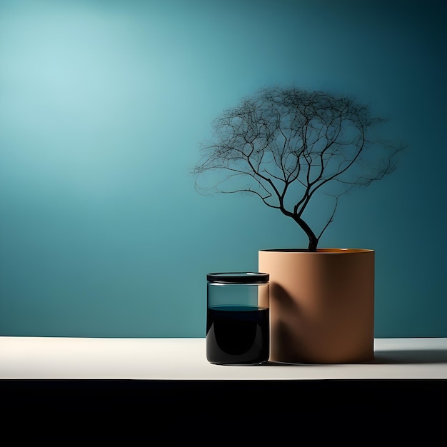 A small plant in a pot with a blue background and a blue wall behind it.